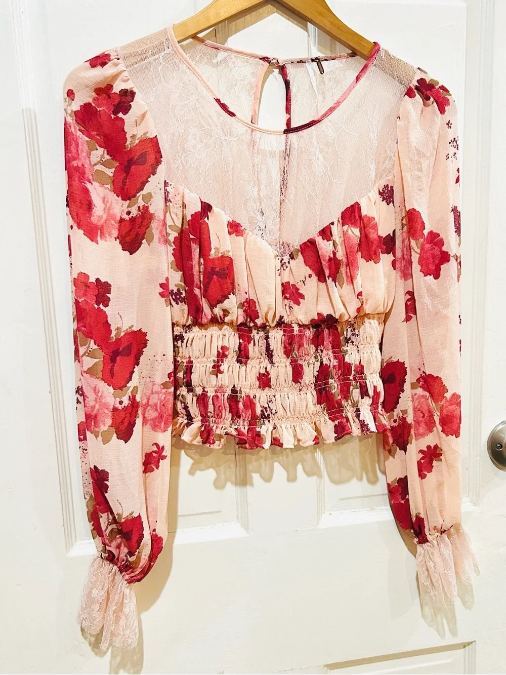 Free People Daphne Floral Lace Peplum Crop Top Peasant Boho Festival Y2K XS